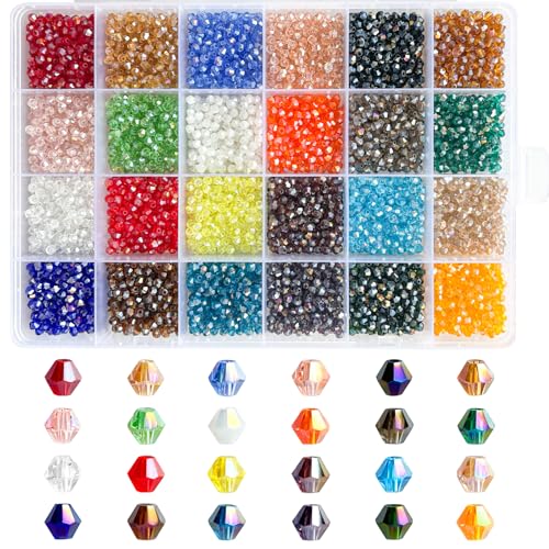 Rubdub 4800pcs 3mm Crystal Beads Bicone Bracelet Beads Bulk Small Faceted Glass Beads for Necklace Earring Keychain Dolls Jewelry Making (24 Colors Rainbow AB) - size: 3mm
