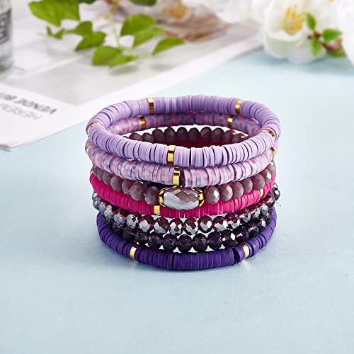 Ornaland 7Pcs Handmade Polymer Clay Heishi Surfer Stretch Bracelets Set Colorful Glass Beads Bracelets Boho Stackable Preppy Bracelets Wrist Jewelry for Women - color: Purple