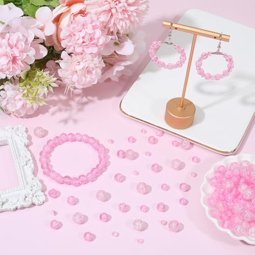 1 Box 450PCS 4/6/8/10MM Pink Crack Beads with Holes Round Glass Crackle Painted Transparent Smooth Small Spacer Loose Bead Bulk for Jewelry Making Necklace Bracelets DIY Crafts Supplies - color: Pink
