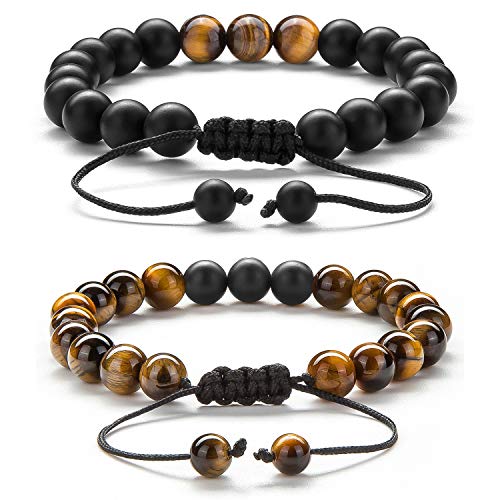 Hamoery Men Women 8mm Tiger Eye Stone Beads Bracelet Elastic Natural Stone Yoga Bracelet Bangle - color: 2 Pcs Set 1-21018