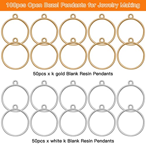 Oubaka 100pcs Open Bezels for Resin,Hollow Frame Pendants Blank Resin Pendants Open Bezel Pendants Backs Geometric Pressed Flower Frame for Jewelry Making,DIY Resin Crafts(K Gold,White K) - color: 100pcs Round Open Bezel Pendants