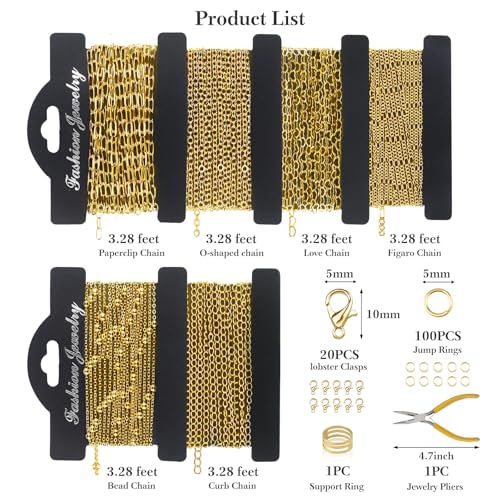 18K Gold Necklace Chain Kit for Jewelry Making, 20 Feet DIY Bracelet Chains with Jump Rings, Lobster Clasps, Connectors, Jewelry Pliers, 30 Colorful Graphic Charms & 36 Letter Pendants - color: 18k Gold-20 Feet 6 Rolls+Pendants