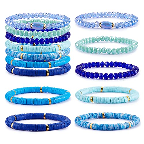 Ornaland 7Pcs Handmade Polymer Clay Heishi Surfer Stretch Bracelets Set Colorful Glass Beads Bracelets Boho Stackable Preppy Bracelets Wrist Jewelry for Women - color: Blue