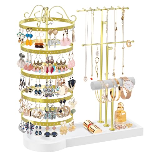 Jewelry Earring Holder Organizer, Adjustable 5 Tiers Rotating Earring Holder 3 Tier Necklace Holder with Wooden Base, Multi-Functional Jewelry Organizer Display Stand for Studs Bracelet Women(Gold) - color: Gold