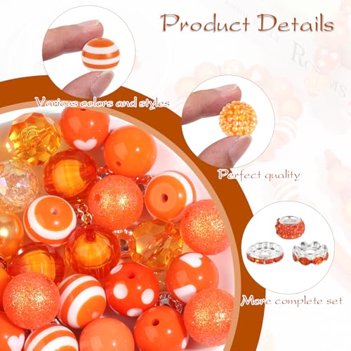 35 Pcs Chunky Bubblegum Beads 20mm Focal Pen Large Rhinestone Pearl Bead with Rhinestone Large Hole European Spacer Bead for DIY Beadable Pen Jewelry Making Keychain Craft Making(Orange) - color: Orange