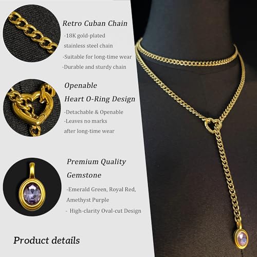 Heart Slip Chain Necklace for Women, 39 Inch Cuban Chain, Removable Heart O-Ring, Crystal Pendant, Adjustable Stainless Steel Y-Necklace - color: Gold-Purple