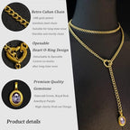 Heart Slip Chain Necklace for Women, 39 Inch Cuban Chain, Removable Heart O-Ring, Crystal Pendant, Adjustable Stainless Steel Y-Necklace - color: Gold-Purple