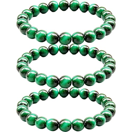Handmade 8mm Beaded Bracelets For Men Protection Bracelet For Women Chakra Feng Shui Stretchy Handmade Lucky Money Stretchy Crystal Bracelets Best Gifts - color: Green Tiger 3PCS