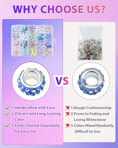 120PCS FIVEIZERO Rhinestone Large Hole Beads for Jewelry Making, 20 Colors Rhinestone European Bead Bulk Spacer Beads for Beadable Pens, DIY Crafts