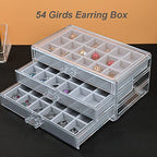 YUFONG Earring Organizer Box Acrylic Jewelry Organizer with 3 Drawers 54 Adjustable Grids Clear Stackable Earring Holder Velvet Trays Ring Display Case for Women Girls (Gray) - color: Gray