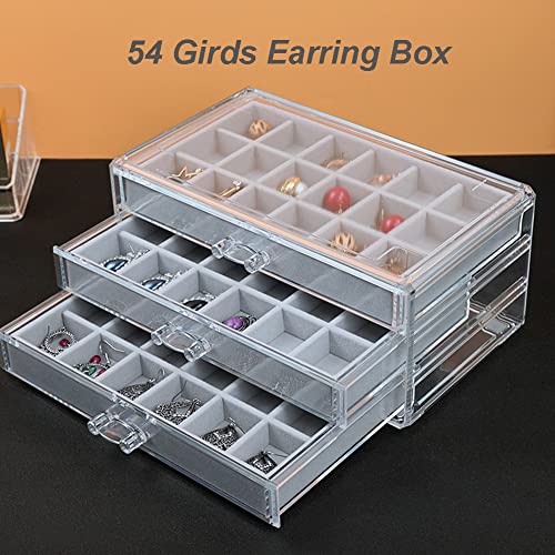 YUFONG Earring Organizer Box Acrylic Jewelry Organizer with 3 Drawers 54 Adjustable Grids Clear Stackable Earring Holder Velvet Trays Ring Display Case for Women Girls (Gray) - color: Gray