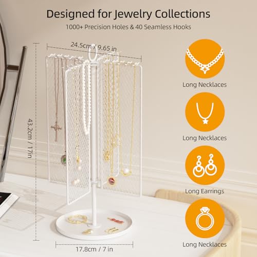 Rotating Necklace Holder with 40 Hooks, Earring Stand Mesh Grid Storage, 15-Inch Jewelry Display with Tray for Long Necklaces & 50+ Earrings for Women, White