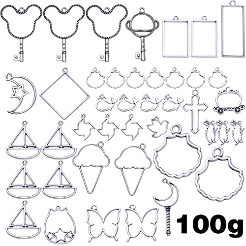 100g Antique Silver Bezel Charms Pendants Alloy Open Back Bezel Blanks Hollow Pressed Flower Frame Pendant Resin Molds for DIY Jewelry Crafts Making Necklace Earrings, Mixed Styles