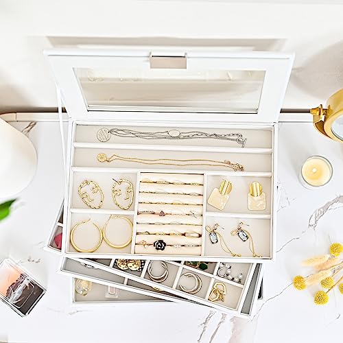 ProCase 5 Layers Stackable Jewelry Tray Box, Stackers Jewelry Trays for Dresser Drawer Storage, Jewelry Organizer Case with Lid -White