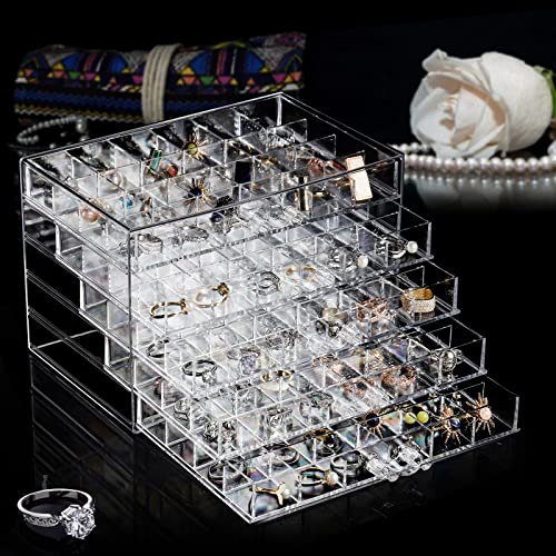 yarlung Acrylic Jewelry Storage Box Earring Holder with 5 Drawers, 120 Grids Jewelry Organizer Tray Clear Ring Display Case for Beads, Nail Tips, Women Girls, Birthday Gift