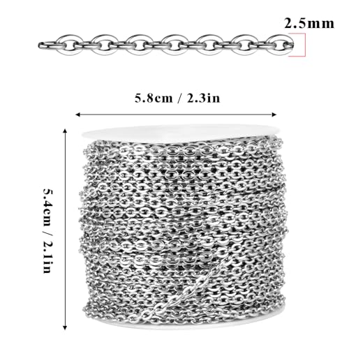 [66 Feet/ 20M] Stainless Steel Chain Bulk, 2.5mm 304 Stainless Steel Chains Flat Cable Link Chain Bulk for Jewelry Making DIY Craft - color: Stainless Steel, size: 2.5mm width