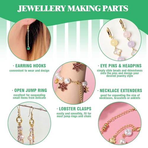 Yauhar 1166Pcs Jewelry Making Supplies Kit Contains Silver & Gold Earring Findings, Lobster Claw Clasps, Necklace Extender Chain, Beading Wire and Jewelry Pliers for DIY and Repair