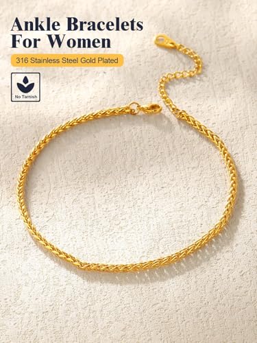 U7 Women Girls Barefoot Jewelry 18K Gold or Rose Gold Stainless Steel Heart/Rope/Figaro/Cuban Chain Anklet Foot Bracelet, 25-30 CM Long - color: Gold Plated-3mm-Wheat Chain