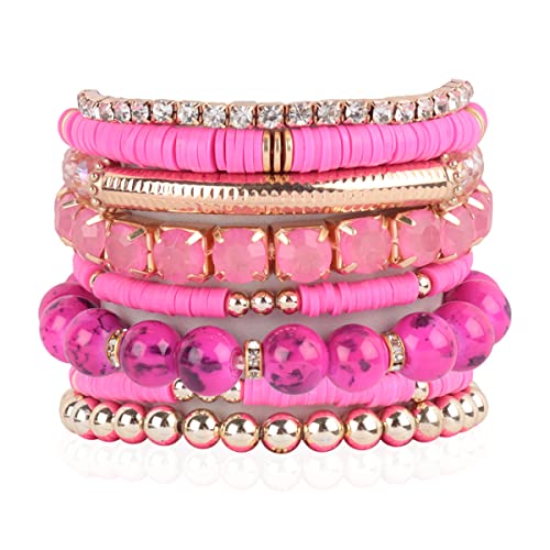 RIAH FASHION Multi Color Stretch Beaded Stackable Bracelets - Layering Bead Strand Statement Wrap Bangles - color: Boho Mix - Fuchsia, size: 7.0 Inches Length