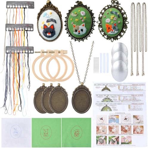 SUNNYCLUE DIY 3 Sets Embroidery Pendant Kit Embroidery Necklace Kits with Instructions Thread Needle Hoops Chains Cute Cat Themed Stitch Kit for Sweater Necklace Crafts Jewelry Making Beginner Starter - style: Cat
