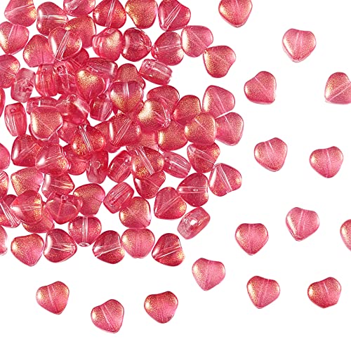 UR URLIFEHALL 100 Pcs Transparent Spray Painted Glass Beads with Glitter Powder Heart Spacer Cerise Beads for Jewelry Making DIY - color: 100pcs-6x6x4mm-cerise glitter heart glass beads