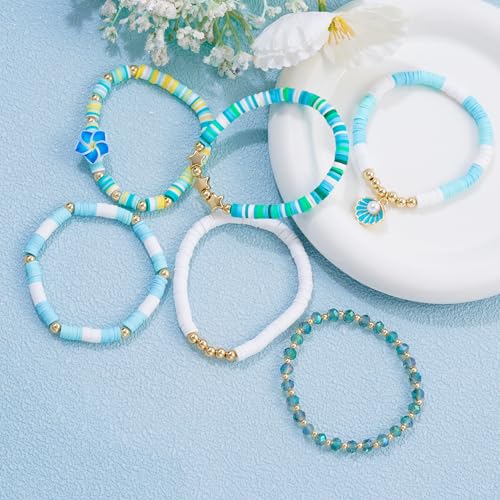 RISHEGAE Heishi Beaded Stretch Bracelets for Women Stackable Polymer Clay Beads Bracelets Friendship Boho Summer Beach Bracelet Jewelry Set - color: F-Blue Flower