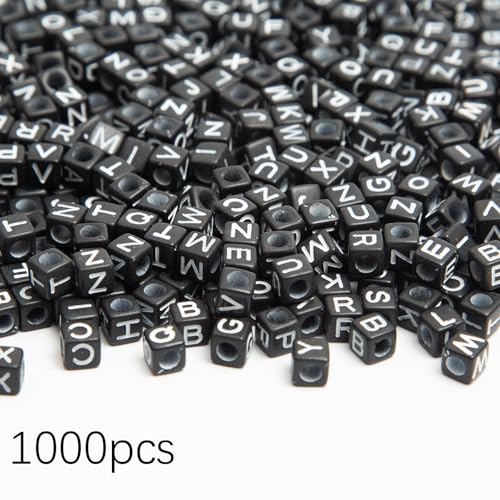 1000pcs Square Black Letter Beads Acrylic 6x6mm Cube Beads for Bracelets Necklaces and Jewelry Making Alphabet Bead - color: Black-White