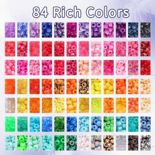 QUEFE 4900pcs Pony Beads Kandi Bracelet Kit, Friendship Bracelet Making Kit with 84 Colors Kandi Beads, Hair Beads and Letter Heart for Craft Gifts Bracelets Jewelry Making with Elastic Strings - color: B-84 colors