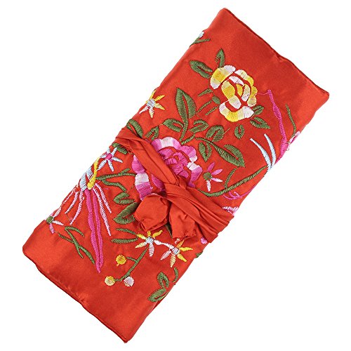 Red Multi-Use Silk Jewelry Organizer Roll – Vintage Embroidery Case for Travel/Daily/Events Foldable Zippered Pouch for Rings & Necklaces | Luxury Compact Gift. - color: Red