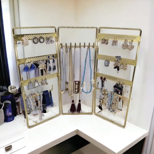 Jewelry Holder, Jewelry Organizer, folding 3 piece Jewelry Display Stand with Metal Frame, Necklace Earring Bracelet Holder, for Studs, Rings, Gift Idea, Gold, Silver, Black Color (GOLD) - color: GOLD