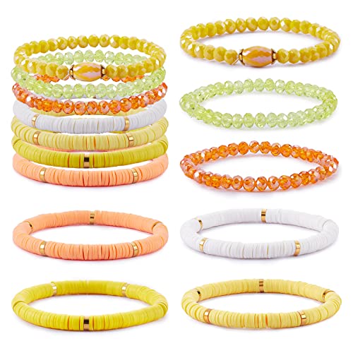 Ornaland 7Pcs Handmade Polymer Clay Heishi Surfer Stretch Bracelets Set Colorful Glass Beads Bracelets Boho Stackable Preppy Bracelets Wrist Jewelry for Women - color: Yellow