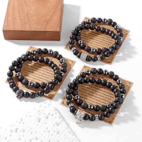 Natural Stone Bracelet 8mm Mens Black Beaded Bracelets Hematite Obsidian Onyx Lava Beads Bracelet Healing Crystal Bracelet for Men - style: Dumbbell