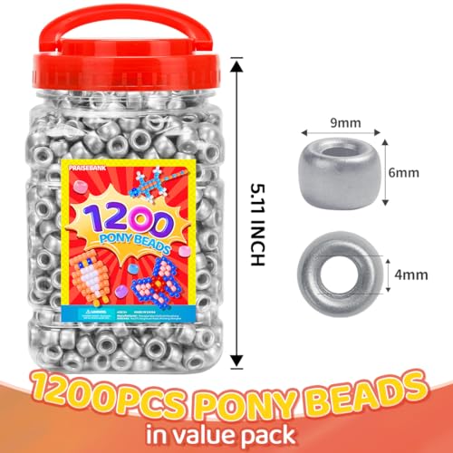 Praisebank Pony Beads, 1200pcs 6x9mm, Wholesale Beads, Bracelets Jewelry Making, Arts & Crafts(Silver) - color: Silver Color, size: Small Size