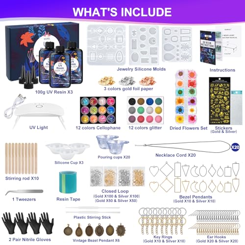 KISREL UV Resin Jewelry Making Kit, 300g Crystal Clear Resin with Light and Molds, DIY Jewelry Making Kit, Resina Starter Kits for Keychain and Earring - size: 300g