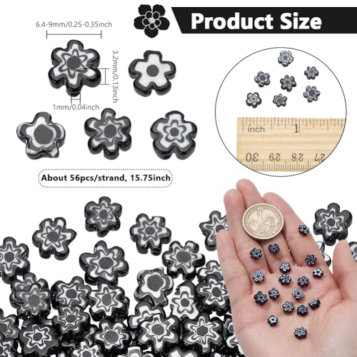 AHANDMAKER 112 Pcs Millefiori Lampwork Glass Loose Assorted Bead Flat Flower, Black Flower Beads, Daisy Floral Loose Glass Spacer Beads for DIY Necklace Bracelet Earring Jewelry Making