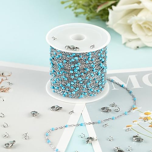 UMAOKANG 33 Feet/10M Stainless Steel Chain for Jewelry Making Light Blue Enamel Beaded Chain Bulk with Lobster Clasps and Jump Rings - color: Light Blue Bead-Steel