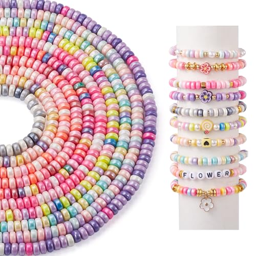 Elecrelive 10 Strands Flat Round Pearlized Clay Beads 6mm Heishi Spacer Beads Colorful Polymer Clay Bracelet Kit for Chocker Necklace Earring DIY Crafts - color: Mix 10 Colors