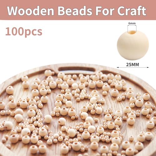 100pcs Wooden Beads for Crafts 25mm Natural Unfinished Bulk Large Beads for Garland Macrame Jewelry Making & DIY Farmhouse Decor (25mm) - size: 25mm