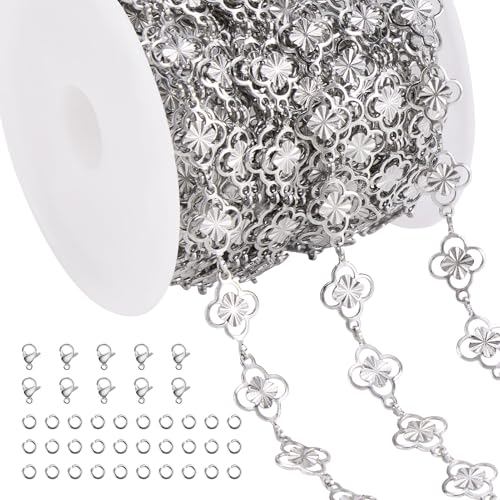 Jabogrii 16.4 Feet Silver Four Leaf Clover Jewelry Making Chains Roll Stainless Steel DIY Craft Chain Bulk for Jewelry Making - color: FLower Silver