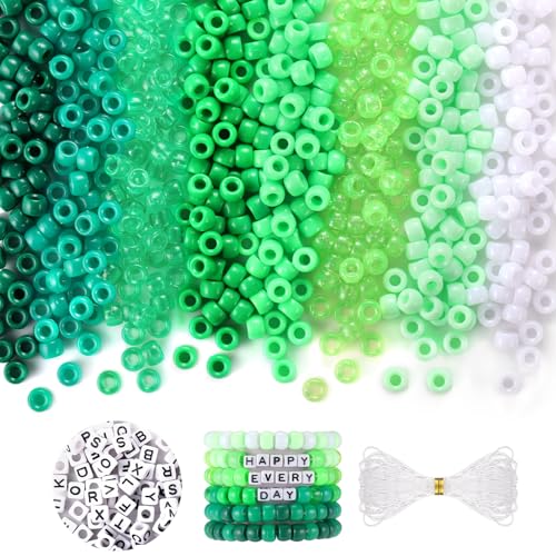 Green and White Beads, 1200 Pcs Pony Beads Bulk and Letter Beads, Kandi Beads Hair Beads for Girls Adults, Plastic Beads for Bracelets Jewelry Making DIY Crafts - color: green