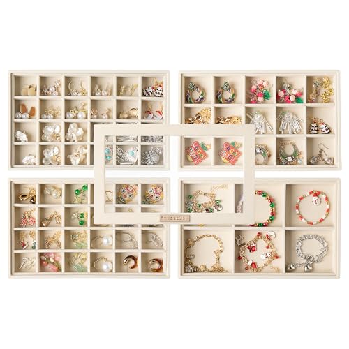 Frebeauty Earring Holder Stackable Jewelry Trays,Velvet Drawer Jewelry Organizer with Glass Lid, 5 in 1 Jewelry Box for Earrings Rings Studs,10.5 x 6.5 x 5.55 Inches Gift for Women (Beige) - color: Beige, size: Set5-b