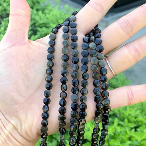 Adabele 15 Inch Natural Gold Sheen Black Obsidian Gemstone 6mm Faceted Flat Round Coin Loose Beads Gem Stone Spacer (61-66pcs) for Jewelry Making GZ13-11 - color: Gold Sheen Obsidian, size: 15 Inch/1 Strand