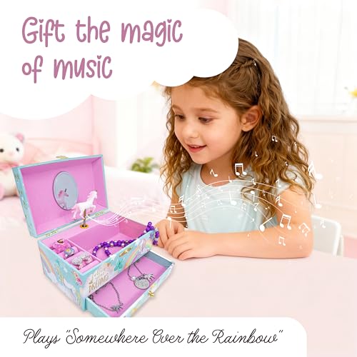 The Memory Building Co Unicorn Musical Jewelry Box Plays Classic Melody, Storage Organizer Music Box for Kids Ages 6-12, MDF Wood w/ 2 Fabric Lined Ring Bracelet Necklace Treasure Compartments - style: Unicorn