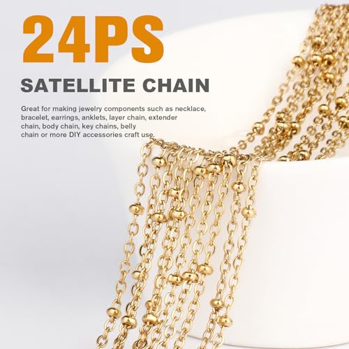 Cadikez 24PCS Gold Satellite Chain Necklace Bulk, 2mm 18inch 18K Gold PVD Plated Stainless Steel Finished Beaded Cable Link Chains for Necklace Jewelry Making - color: 2.0mm Gold Color