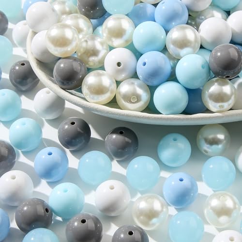 20mm Acrylic Beads 180pcs Winter Color Chunk Bubblegum Bead Blue&White Snow Style Beadable Pen Beads for Pen Bag Jewelry Making Necklace Bracelets (Blue&White&Gray) - color: blue&white&gray