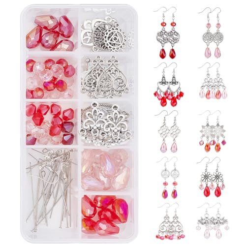 SUNNYCLUE 1 Box DIY 10 Pairs Red Beads Chandelier Dangle Earring Making Kit Flat Round Celtic Knot Flower Tree Snowflake Heart Component Links Teardrop Electroplate Glass Beads for Jewelry Beginners - color: Chandelier Bohemian Style G