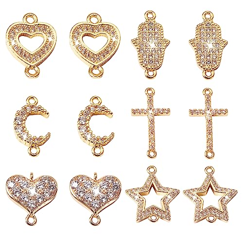 Beadthoven Bracelet Jewelry Connectors Charms Links for Jewelry Making, Antique Silver Metal Filigree Charms Golden Cubic Zirconia Charms Pendants Connectors for Earrings Bracelet DIY Findings - color: CZ Stones-12pcs