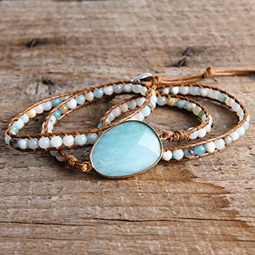 YGLINE Women Boho Handmade Natural Stone Crystal Leather Bead Wrap Bracelets Collection - color: Amazonite-3w