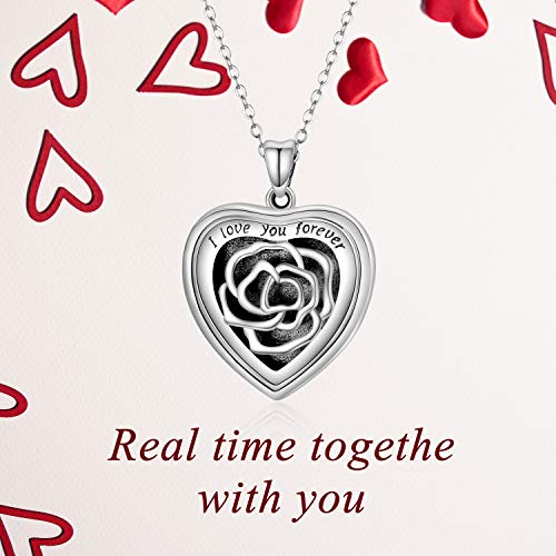 SOULMEET Personalized Silver Locket Necklace That Holds Pictures Photo Keep Someone Near to You, Memorial Custom Lockets Necklaces Letters Engraving for His Her - color: B-Rose-Black, style: Locket+Custom Photo+Engraved