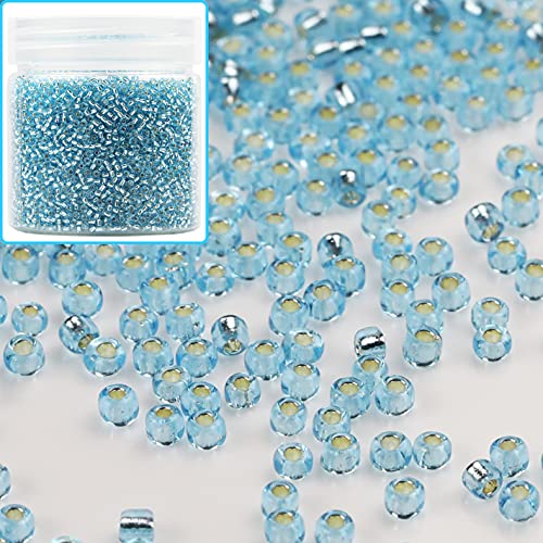 Bala&Fillic 12/0 Glass Seed Beads Clear Light Turquoise Blue Color Silver Lined Seed Beads About 10000pcs/110g in Box (Light Turquoise Blue) - color: Light Lake Blue, size: 2mm